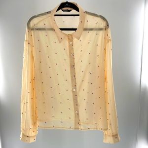 Womens butter yellow 2XL Spring/Summer Collar Long Sleeve Button Up Sheer Blouse